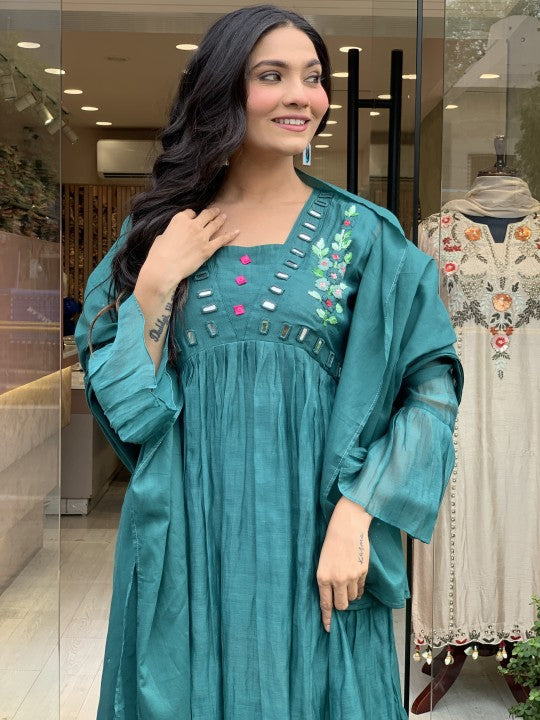 Women Teal Blue Cotton Embroidery Kurta Pant and Dupatta set