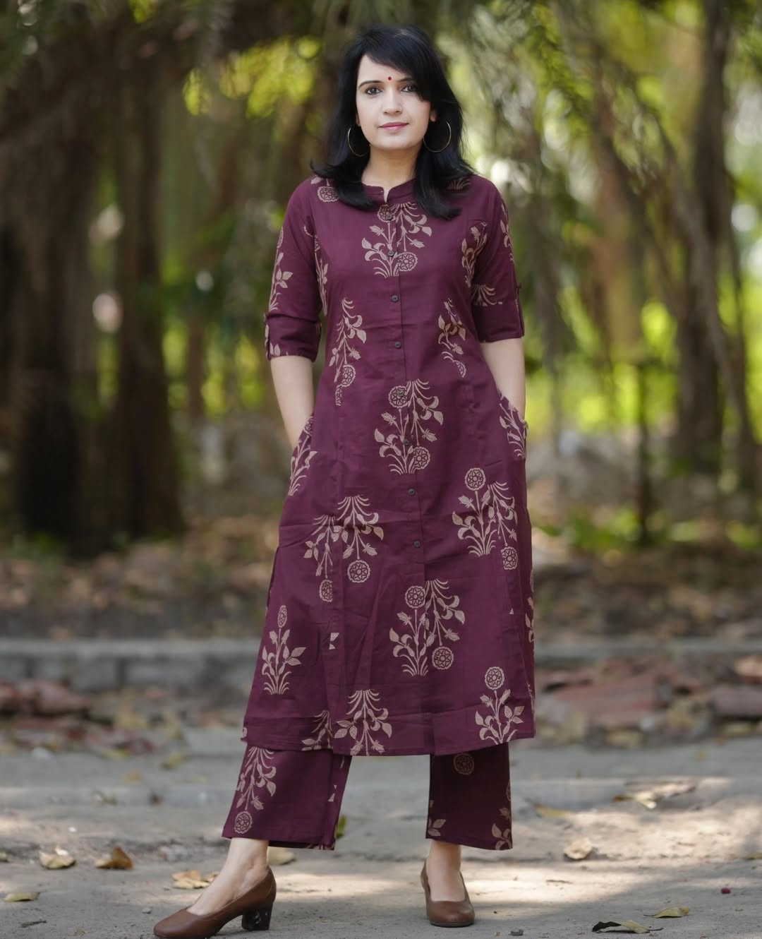 Maroon Floral Printed Cotton Kurta & Pant Set for Women