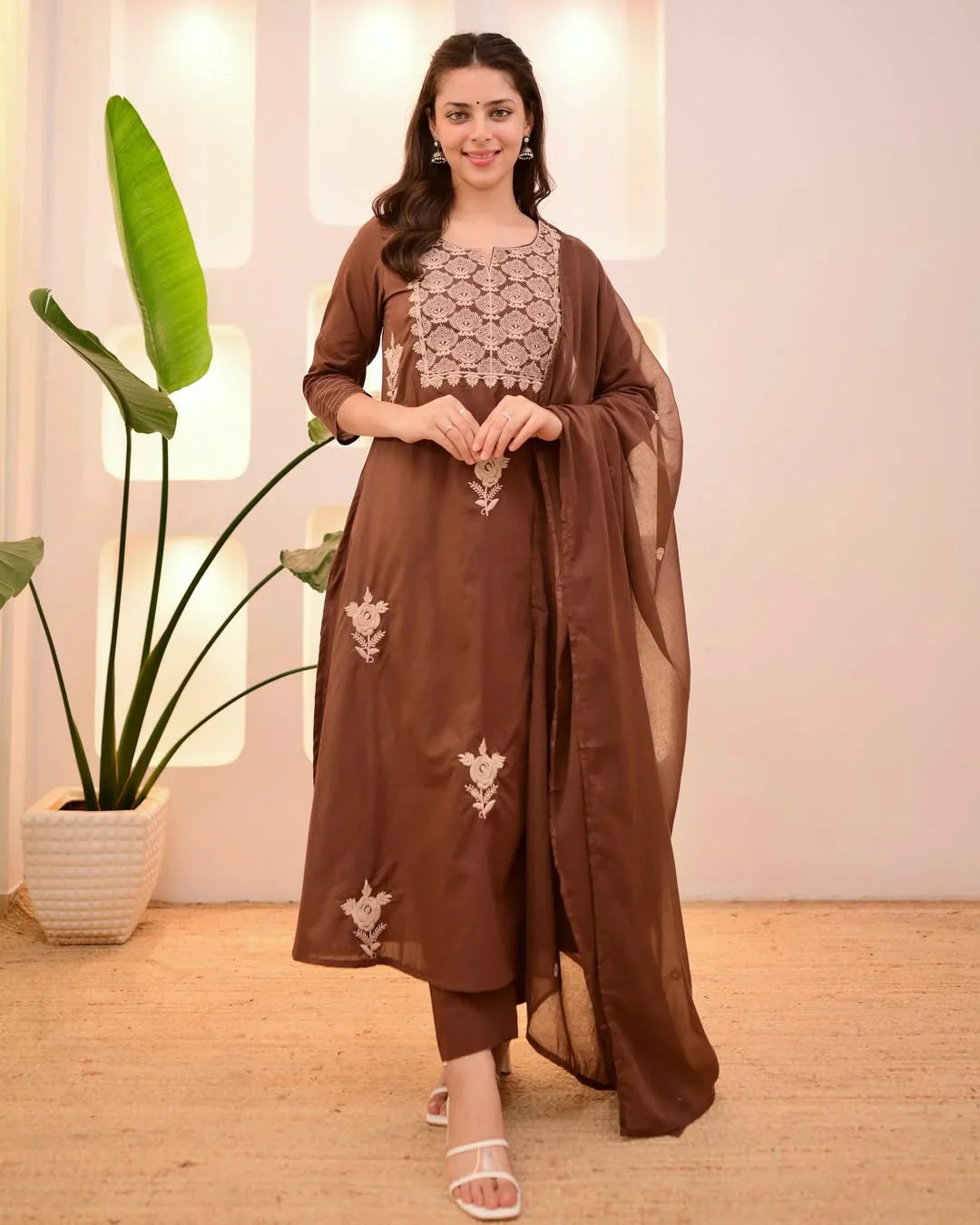 Women Brown Cotton Thread Embroidery Kurta Pant and Dupatta set