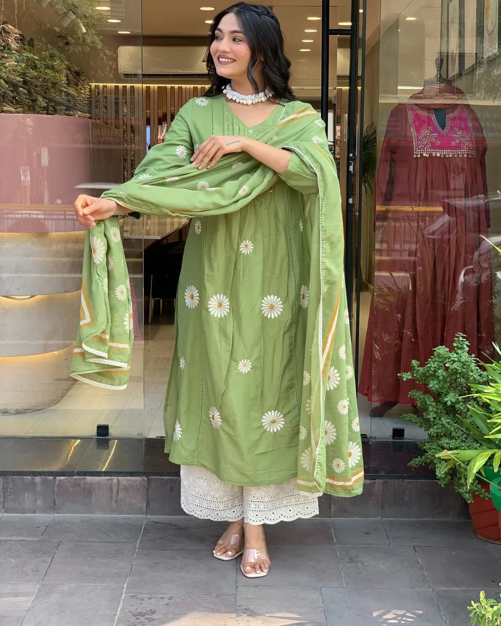 Women Green Cotton Embroidery Flowers Kurta Pant and Dupatta set