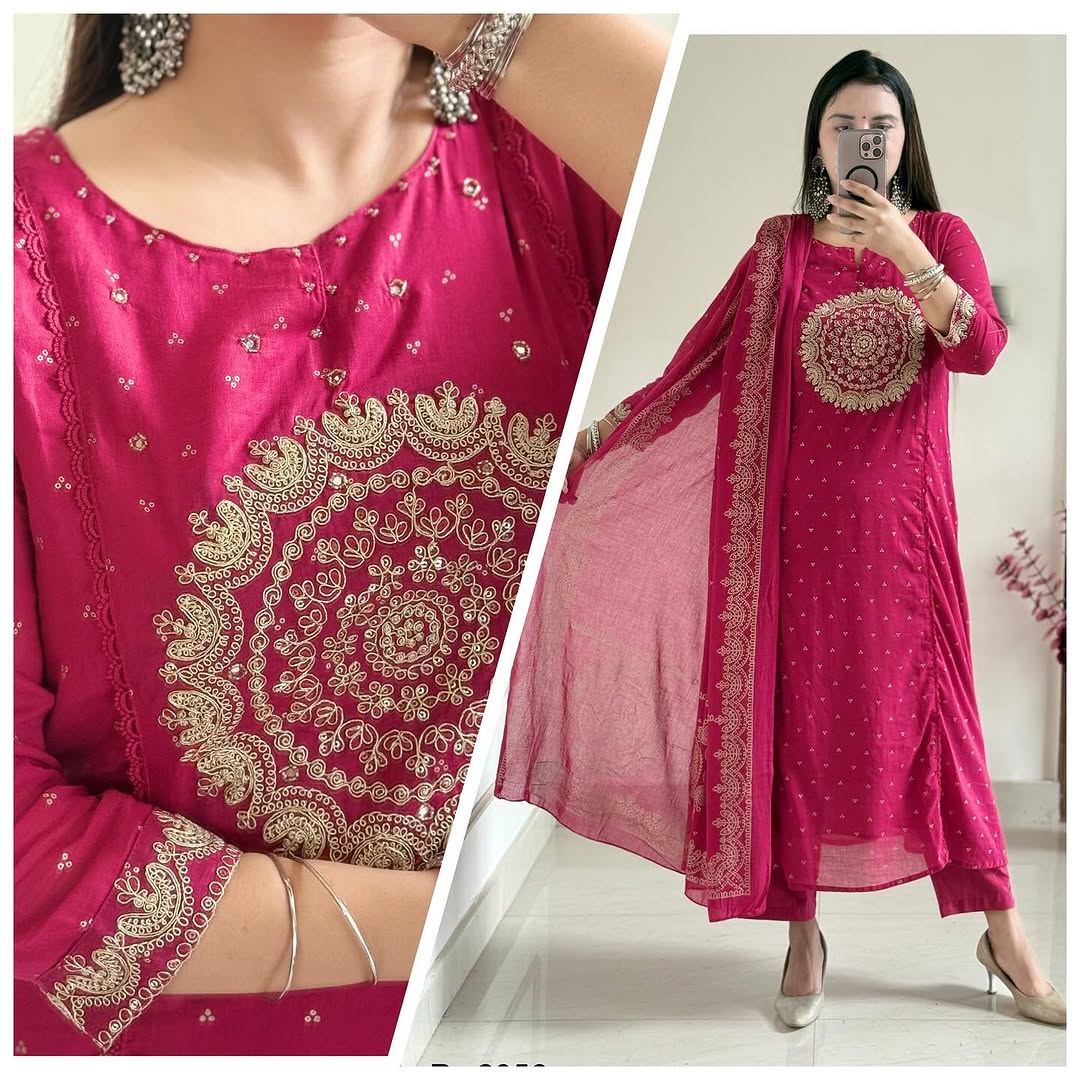 Women Pink Cotton Embroidery Circle Kurta Pant and Dupatta set