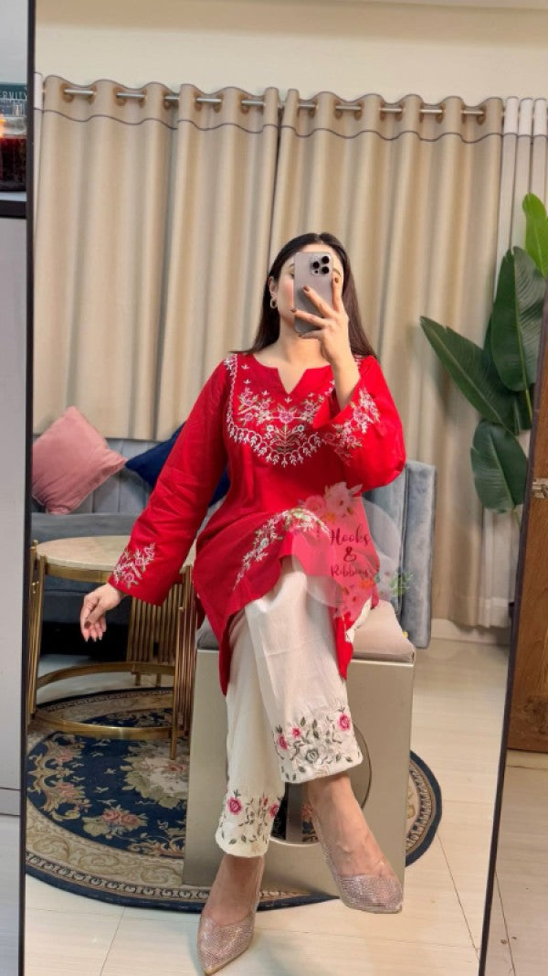 Rubaab Red Embroidered Kurta Set