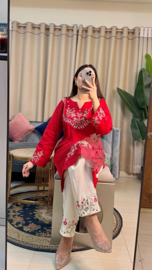 Rubaab Red Embroidered Kurta Set