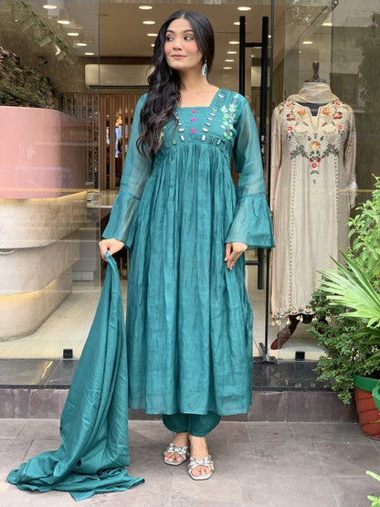 Women Teal Blue Cotton Embroidery Kurta Pant and Dupatta set