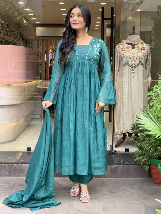 Women Teal Blue Cotton Embroidery Kurta Pant and Dupatta set