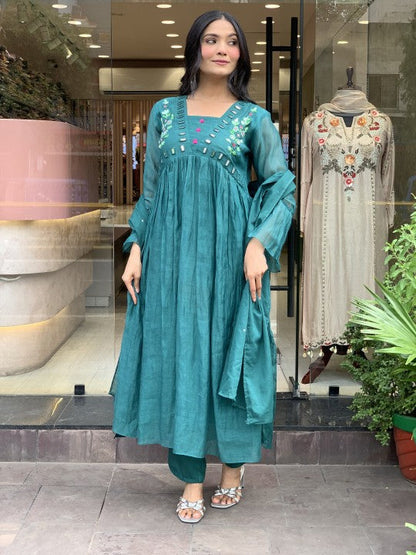 Women Teal Blue Cotton Embroidery Kurta Pant and Dupatta set