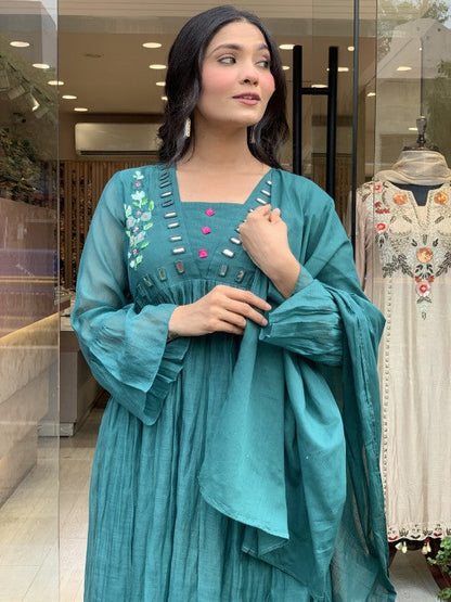 Women Teal Blue Cotton Embroidery Kurta Pant and Dupatta set