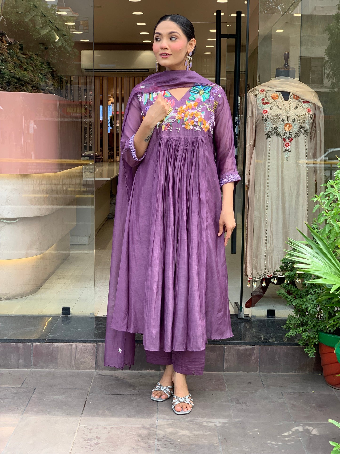 Women Purple Cotton Embroidery Kurta Pant and Dupatta set