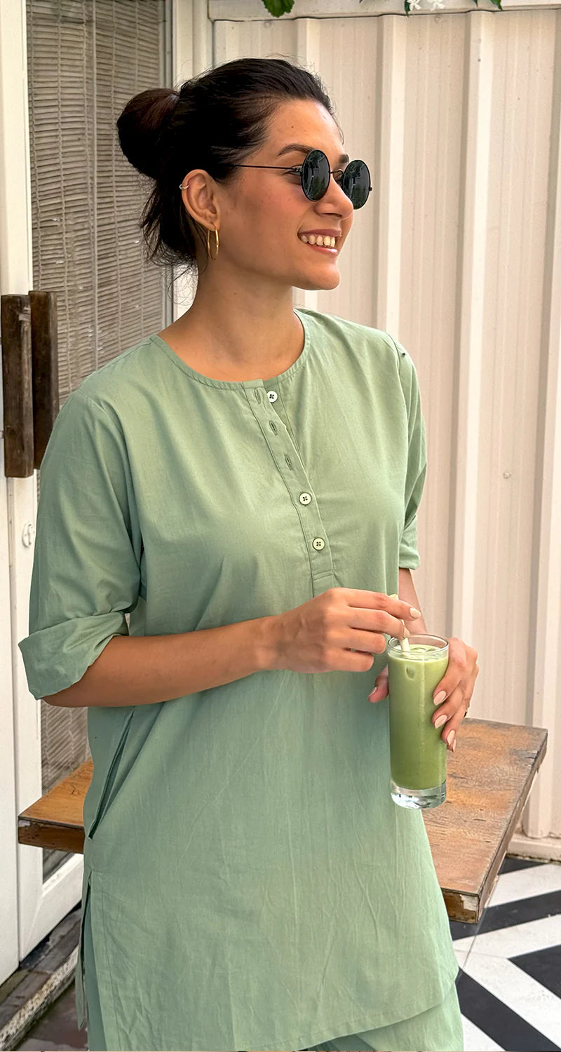 Sage Green Pure Cotton Co-Ord Set for Women | Casual & Office Wear