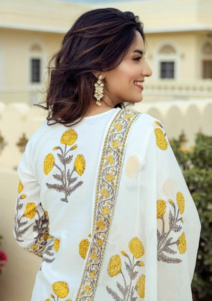 White Cotton Floral Printed Kurti with Sharara Dupatta Set