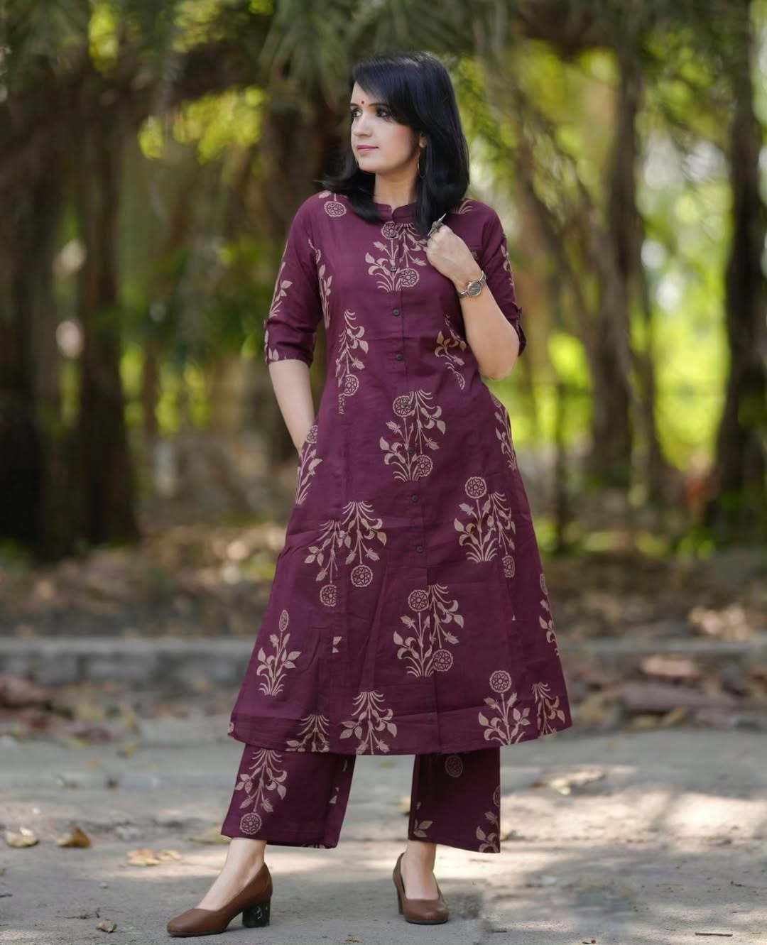 Maroon Floral Printed Cotton Kurta & Pant Set for Women