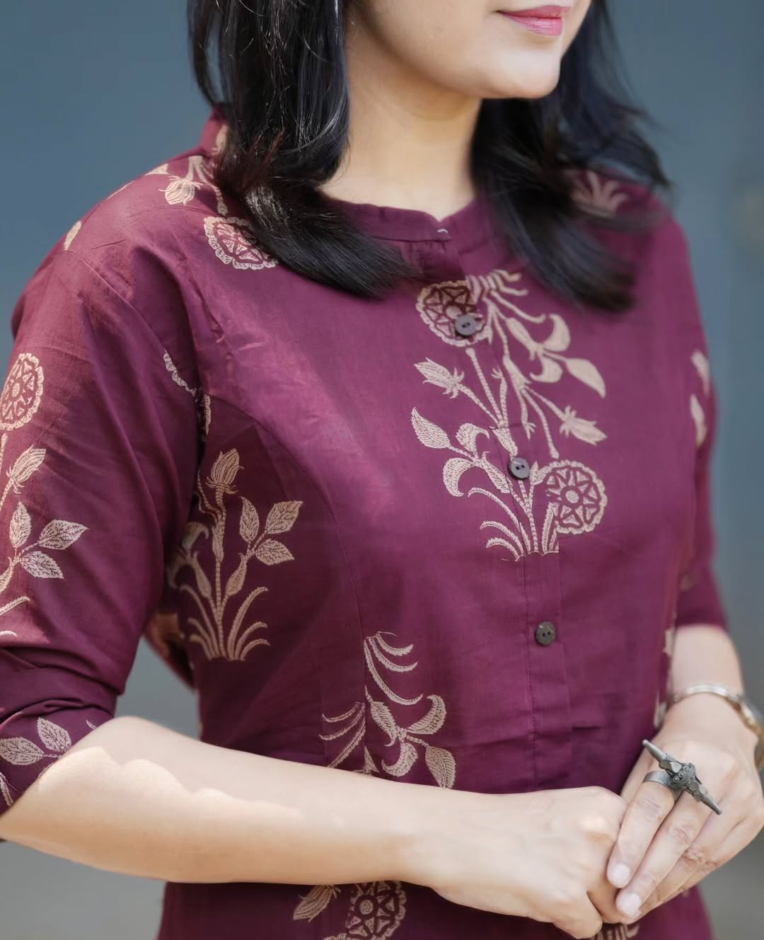 Maroon Floral Printed Cotton Kurta & Pant Set for Women