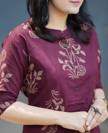Maroon Floral Printed Cotton Kurta & Pant Set for Women