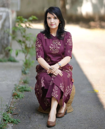 Maroon Floral Printed Cotton Kurta & Pant Set for Women