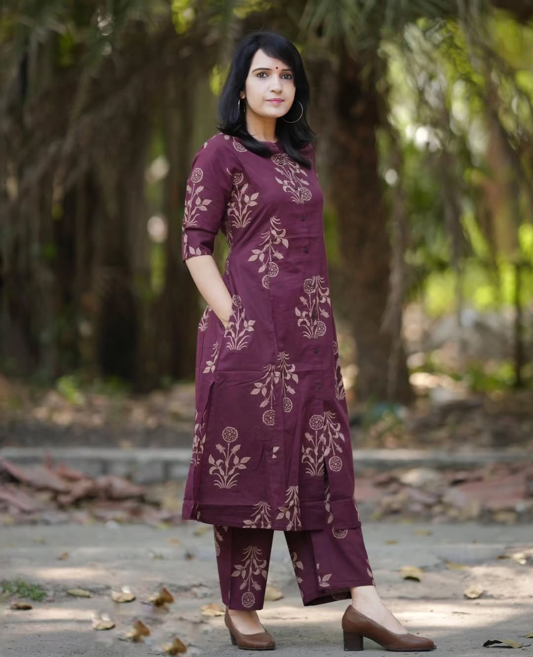 Maroon Floral Printed Cotton Kurta & Pant Set for Women