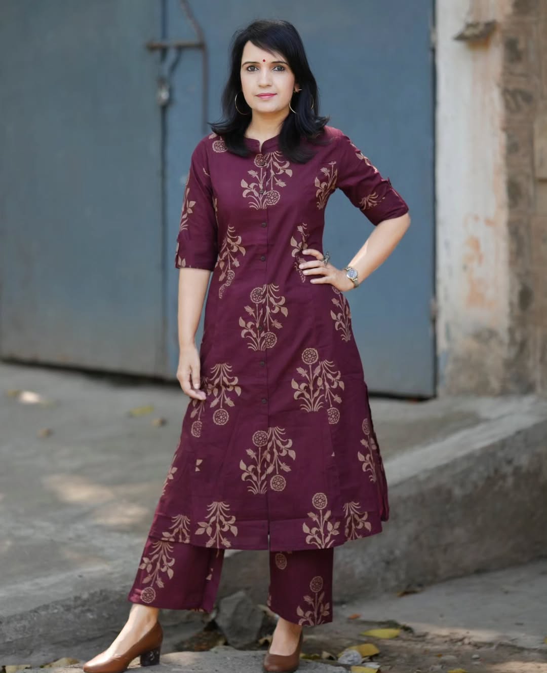 Maroon Floral Printed Cotton Kurta & Pant Set for Women