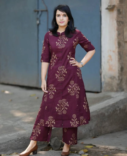 Maroon Floral Printed Cotton Kurta & Pant Set for Women