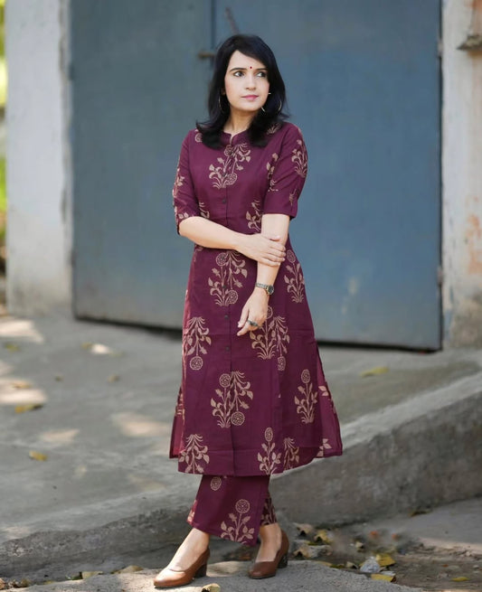 Maroon Floral Printed Cotton Kurta & Pant Set for Women