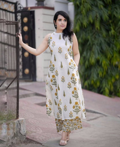 White Floral Printed Sleeveless A-Line Kurta with Matching Printed Pants