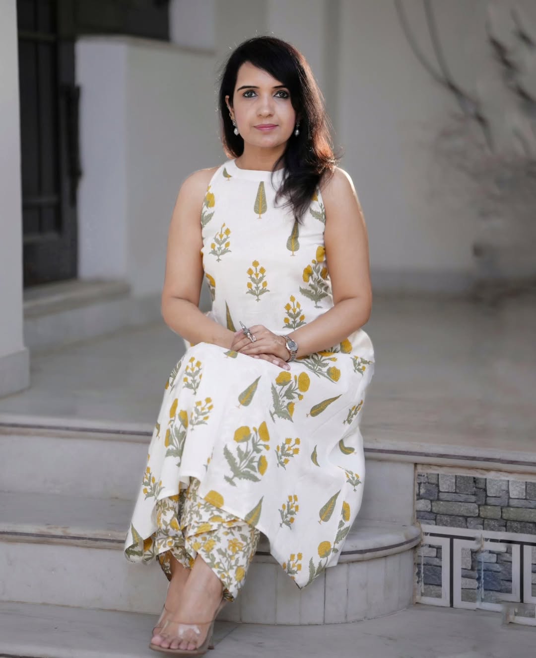 White Floral Printed Sleeveless A-Line Kurta with Matching Printed Pants