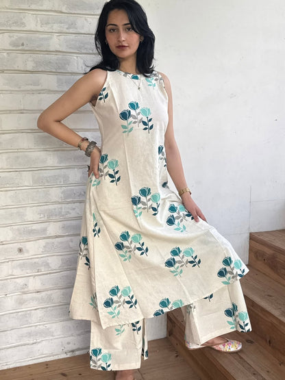 Cream Cotton Printed Sleeveless Kurta & Palazzo Set – Floral Ethnic Wear for Women