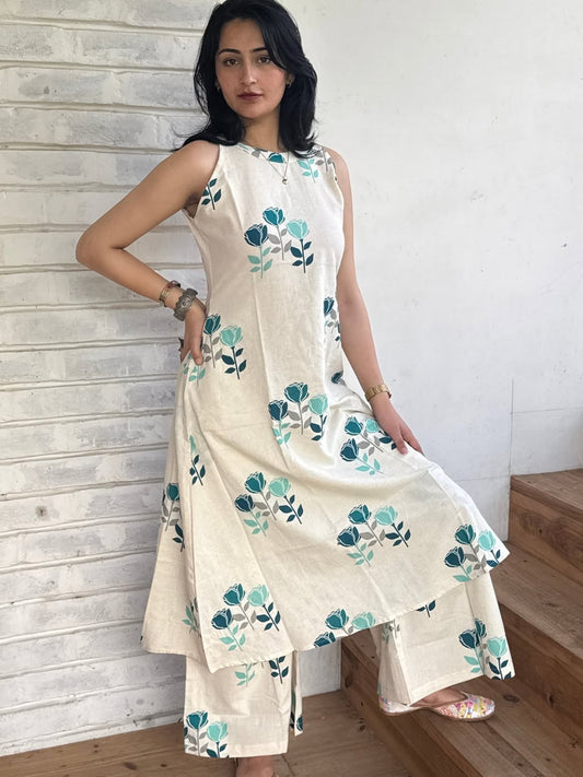 Cream Cotton Printed Sleeveless Kurta & Palazzo Set – Floral Ethnic Wear for Women