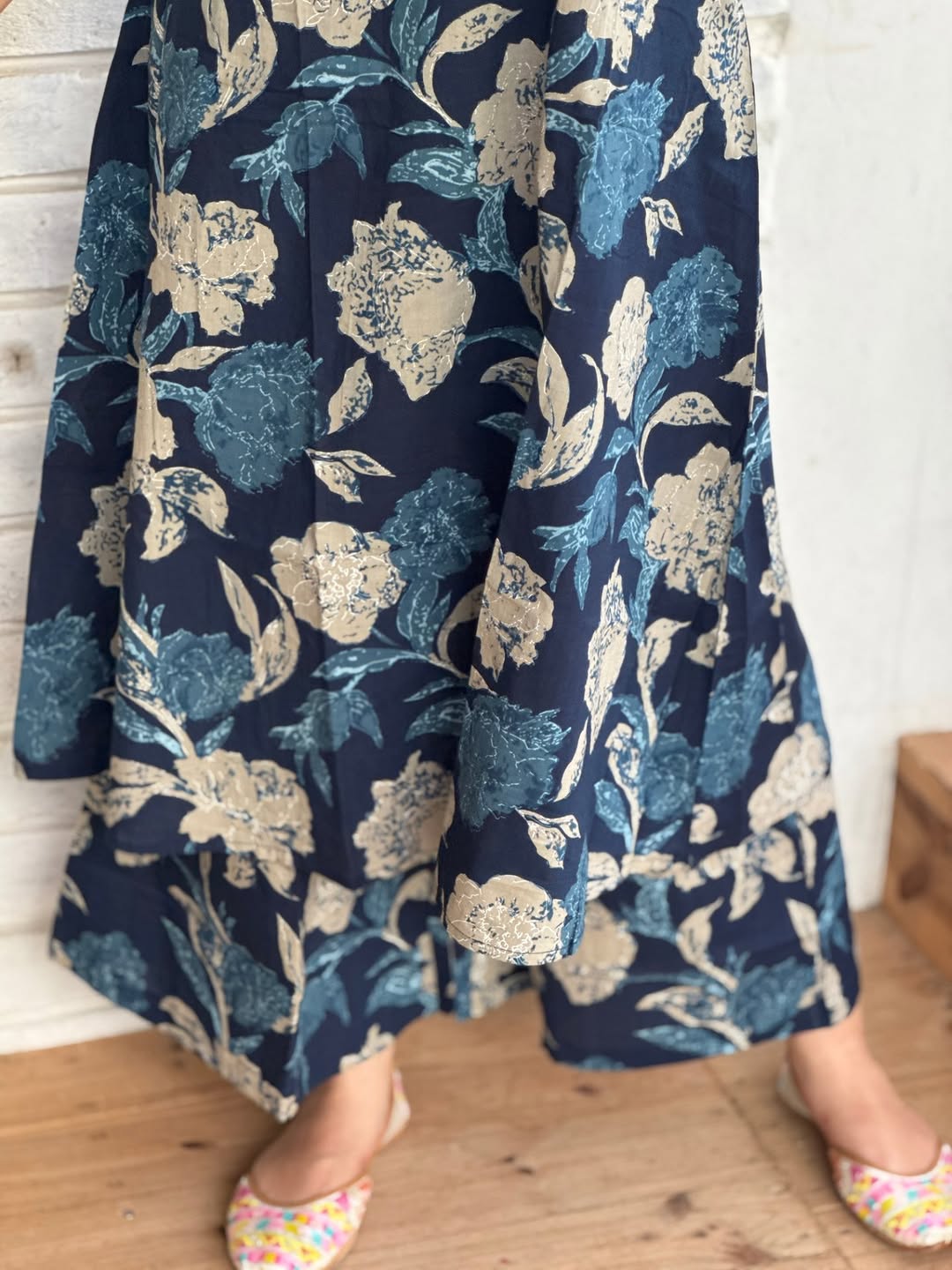 Navy Blue Floral Sleeveless Cotton Long Kurta Set for Women