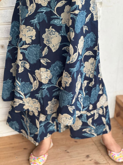 Navy Blue Floral Sleeveless Cotton Long Kurta Set for Women