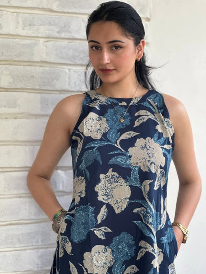 Navy Blue Floral Sleeveless Cotton Long Kurta Set for Women