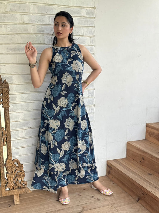 Navy Blue Floral Sleeveless Cotton Long Kurta Set for Women
