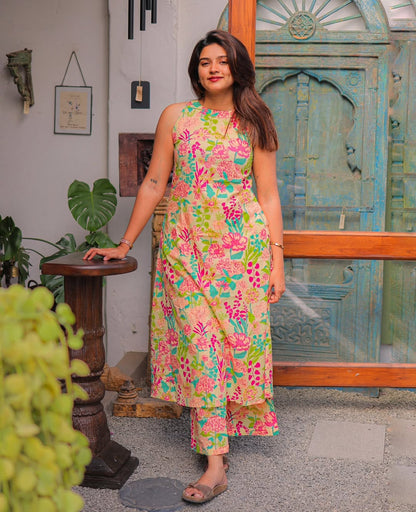 Olive Green Sleeveless Maxi Dress with Red Botanical Print