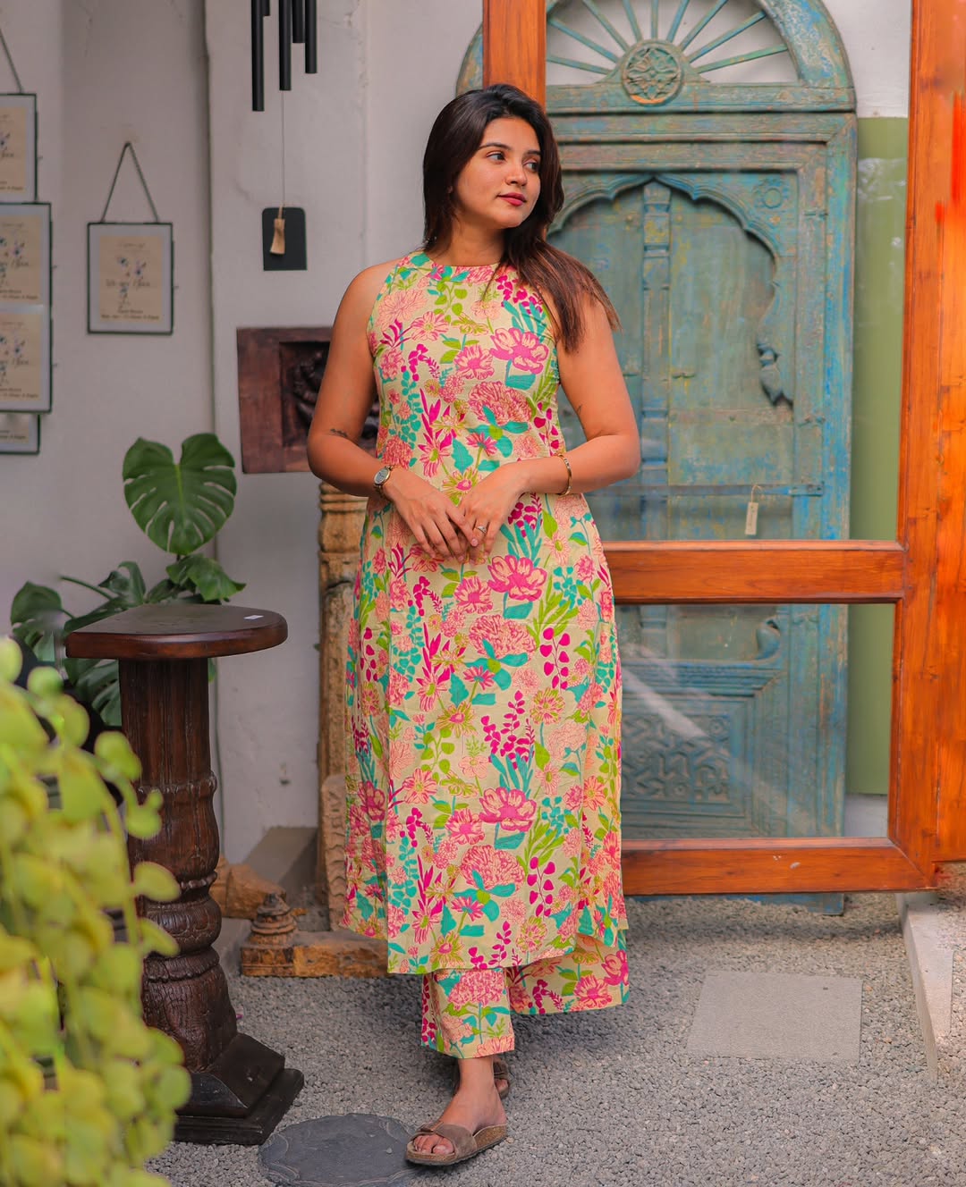 Olive Green Sleeveless Maxi Dress with Red Botanical Print