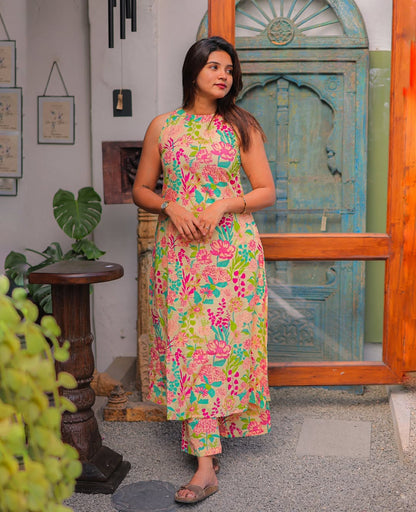 Olive Green Sleeveless Maxi Dress with Red Botanical Print