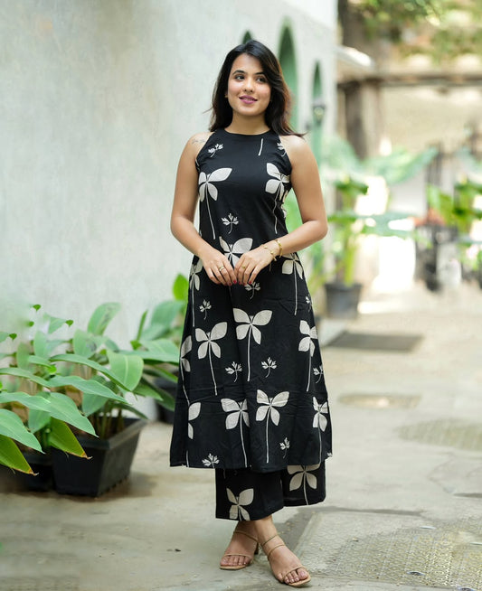 Black flower Sleeveless Printed Kurta & Palazzo Co-ord Set for Women