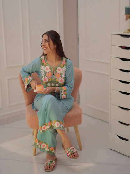 Maria Sky Blue Kashmiri Cotton Coord Set