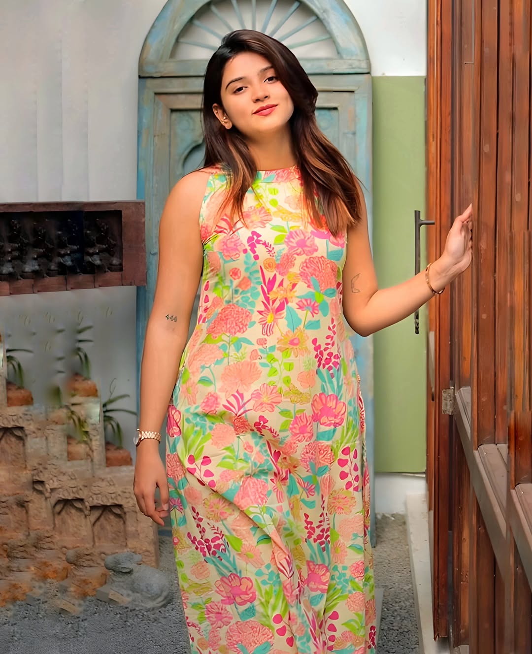 Olive Green Sleeveless Maxi Dress with Red Botanical Print