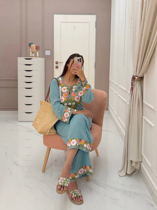 Maria Sky Blue Kashmiri Cotton Coord Set