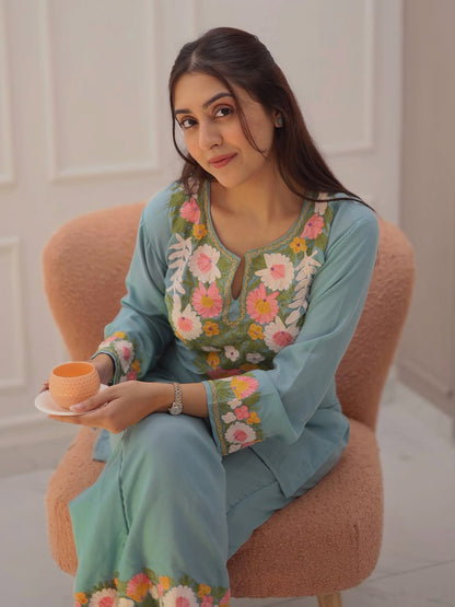 Maria Sky Blue Kashmiri Cotton Coord Set