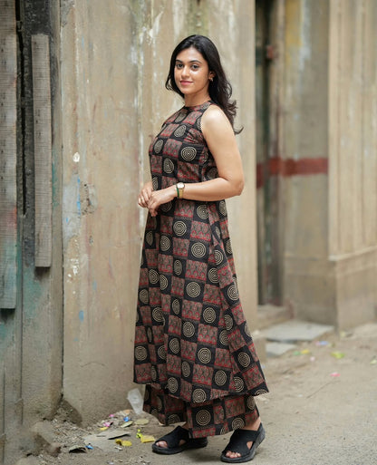 Beige Printed Sleeveless A-Line Kurta & Pant Set