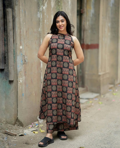 Beige Printed Sleeveless A-Line Kurta & Pant Set
