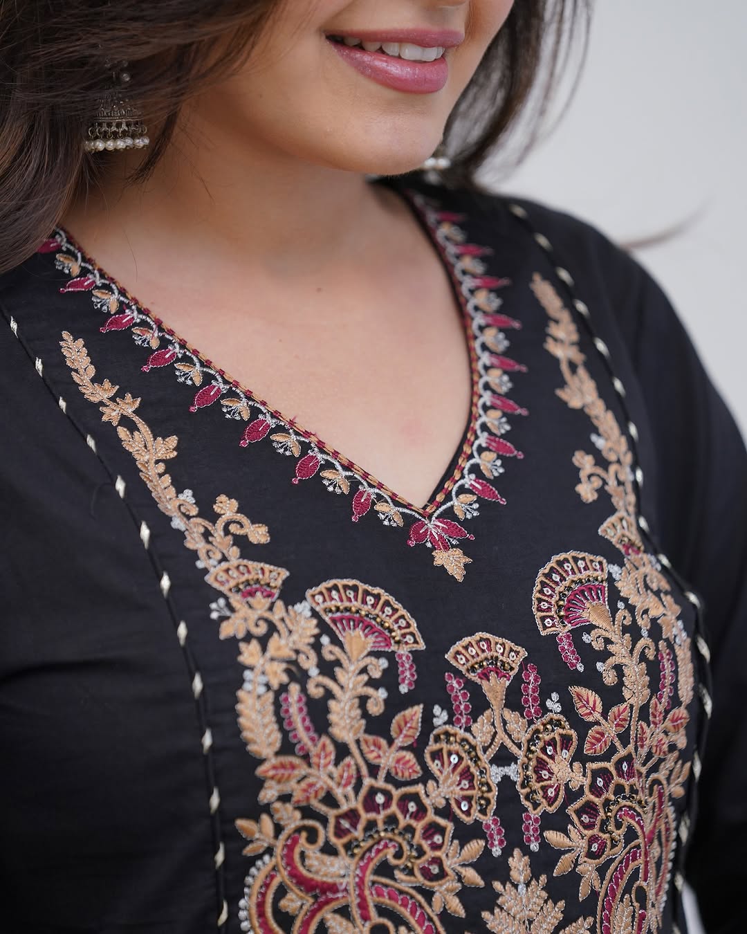 Rust Orange & Black Embroidered Kurta Set With Dupatta