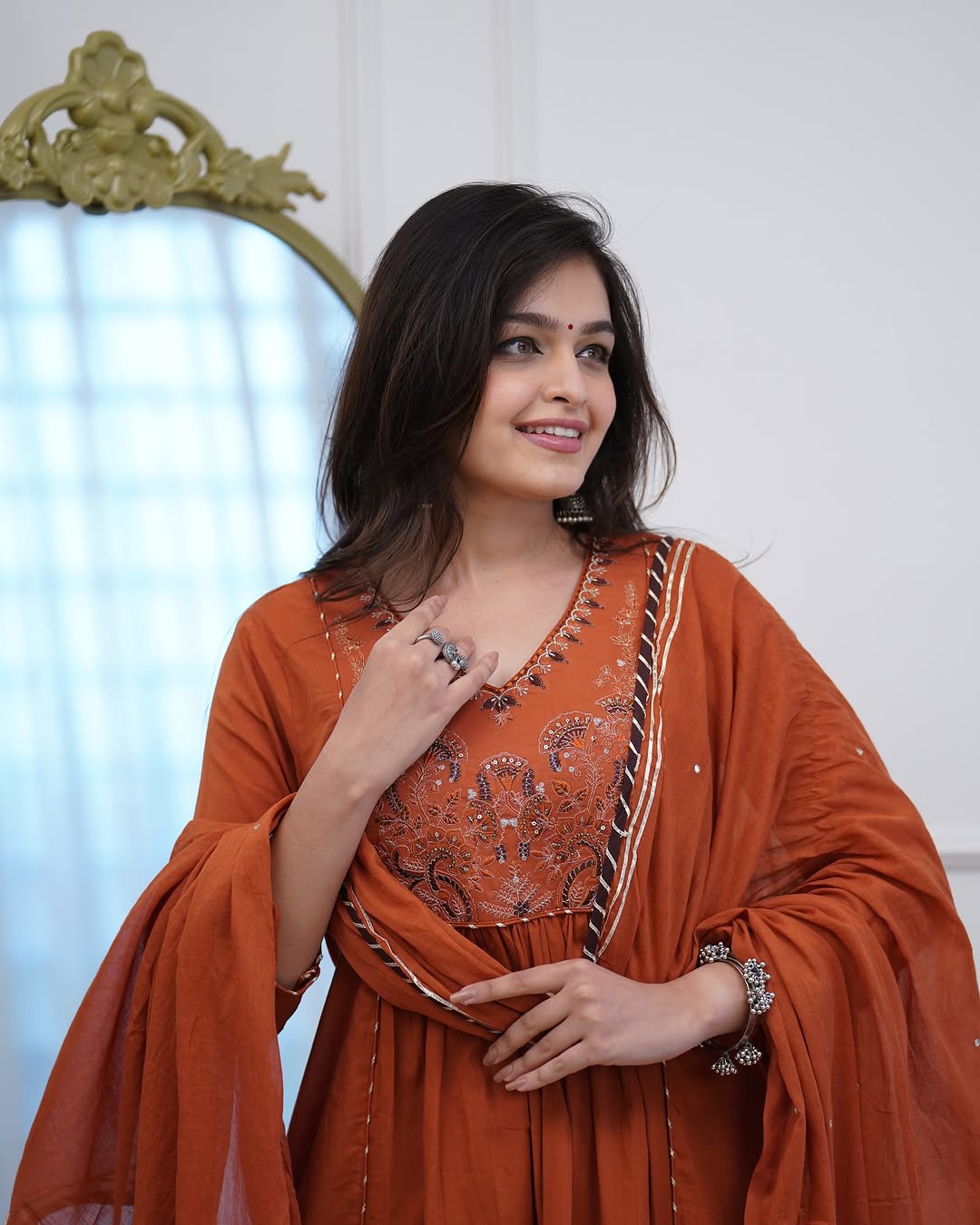 Rust Orange & Black Embroidered Kurta Set With Dupatta
