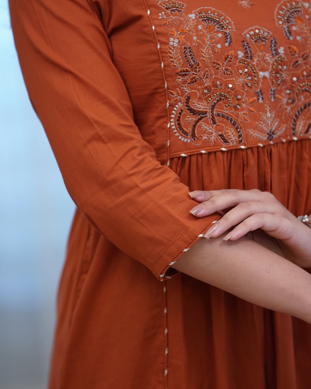 Rust Orange & Black Embroidered Kurta Set With Dupatta
