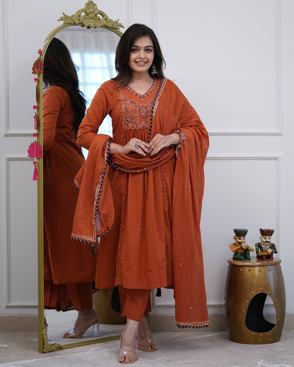 Rust Orange & Black Embroidered Kurta Set With Dupatta
