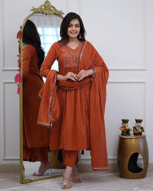 Rust Orange & Black Embroidered Kurta Set With Dupatta
