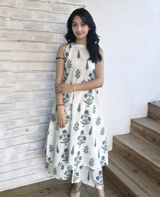 Kalamkari printed Cotton Cut Sleeves kurta pant set