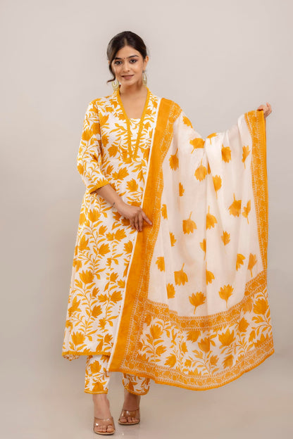 Floral Printed Anarkali Pure Cotton Kurta with Trousers & Dupatta