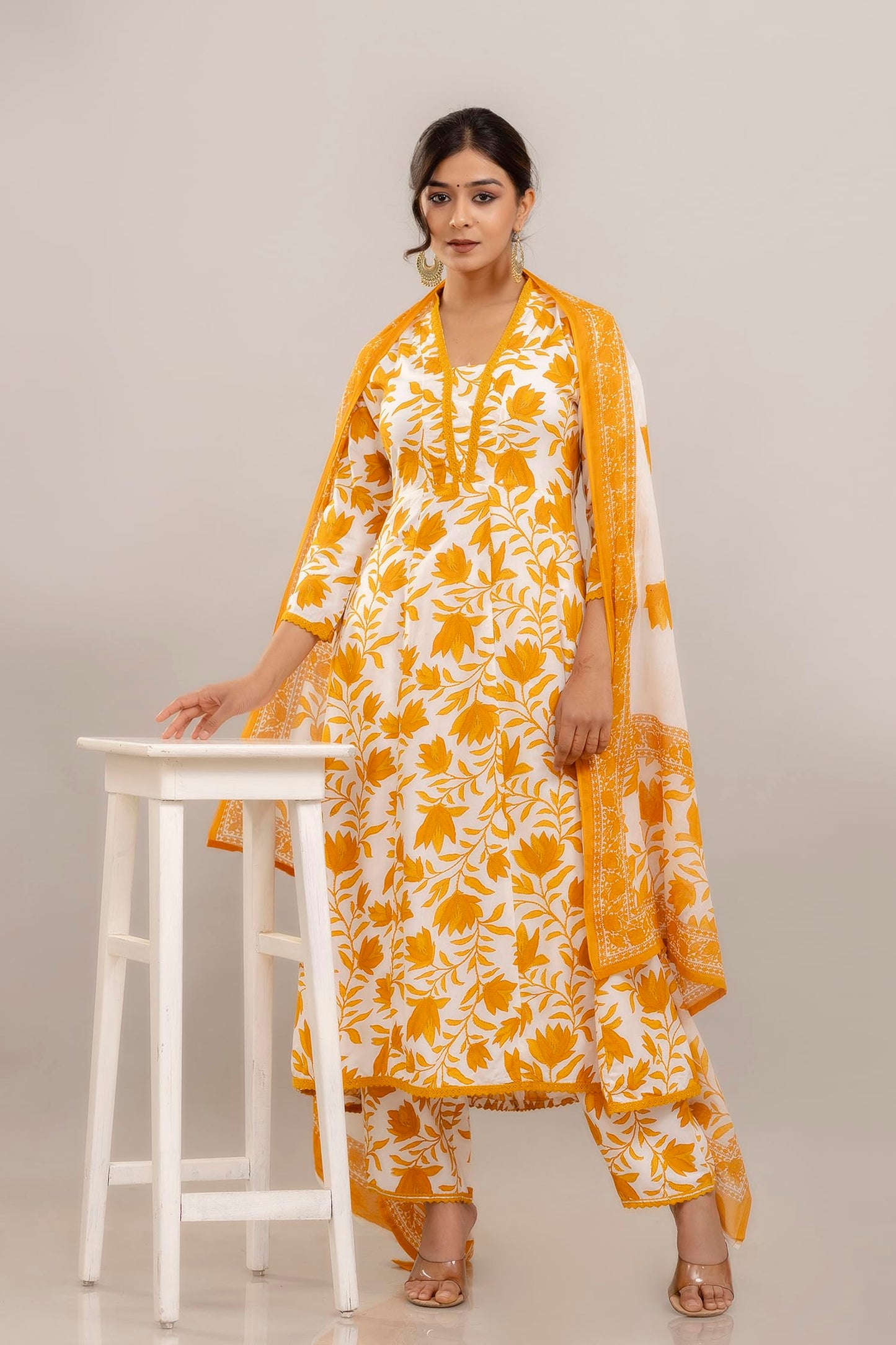 Floral Printed Anarkali Pure Cotton Kurta with Trousers & Dupatta
