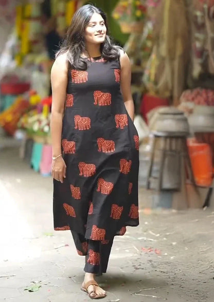 Elephant Block Print Cotton Kurti Palazzo Co-ord Set