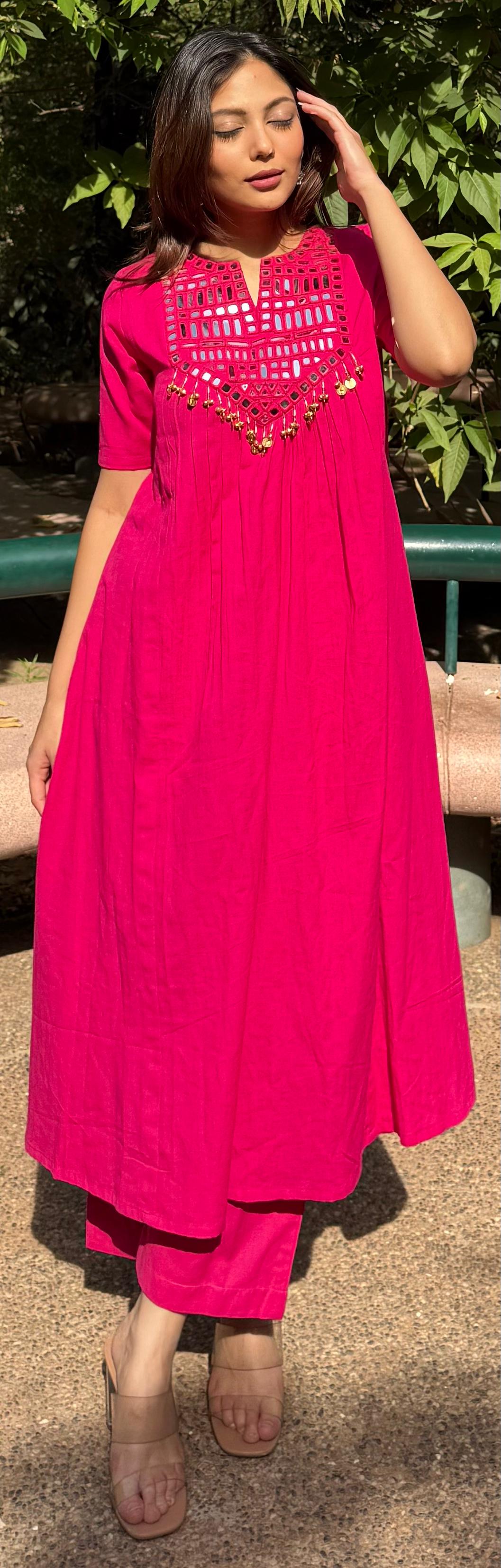 Chandni Magenta Mirror Work Kurta Pant Set – Festive & Party Wear for Women
